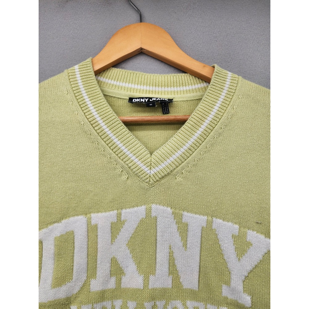 DKNY Jeans XS Cropped Knit Sweater Lime Green Logo Short Sleeve V-Neck Top - Picture 4 of 15